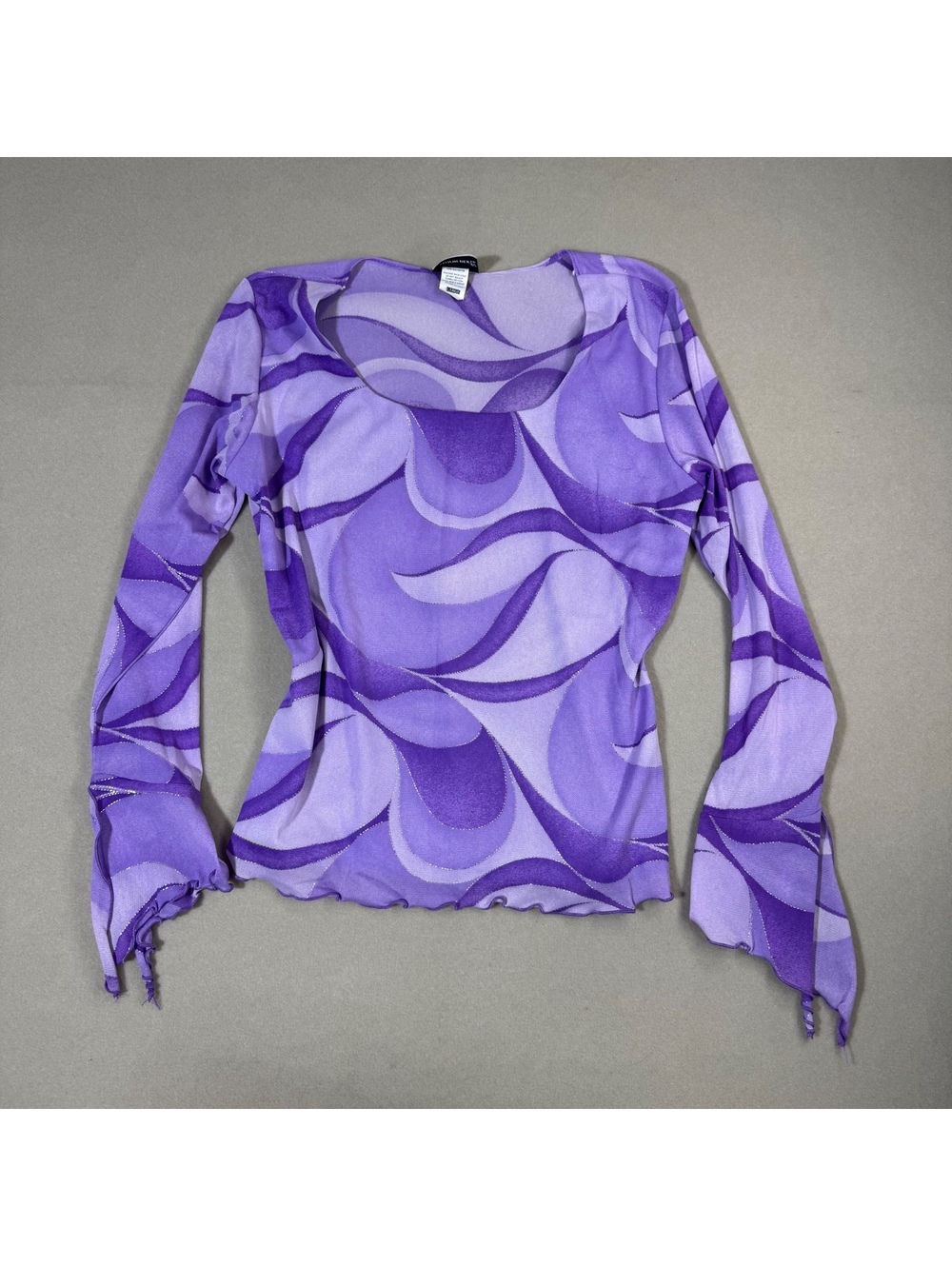 Y2K Fashion Bug Purple Swirl Mesh Top Lettuce Hem Flare Sleeve Fairy Grunge L